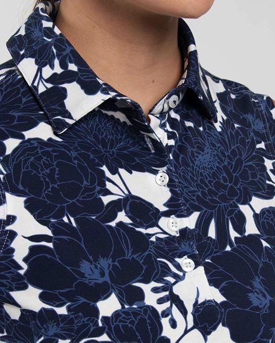 Women Hollow Pima Print Polo S/L