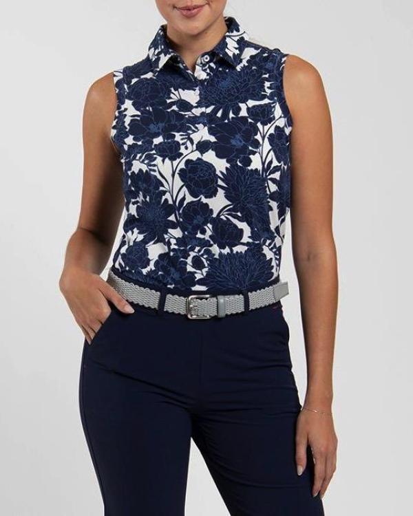 Women Hollow Pima Print Polo S/L