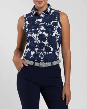 Women Hollow Pima Print Polo S/L